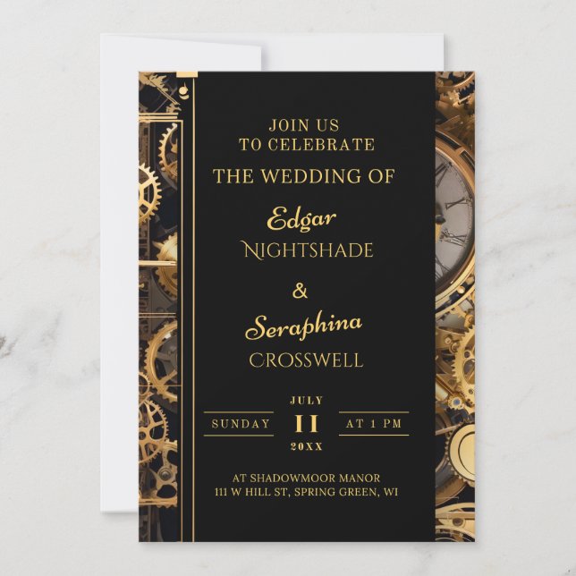 Steampunk Extravaganza Vintag Clockwork Wedding Einladung (Vorderseite)