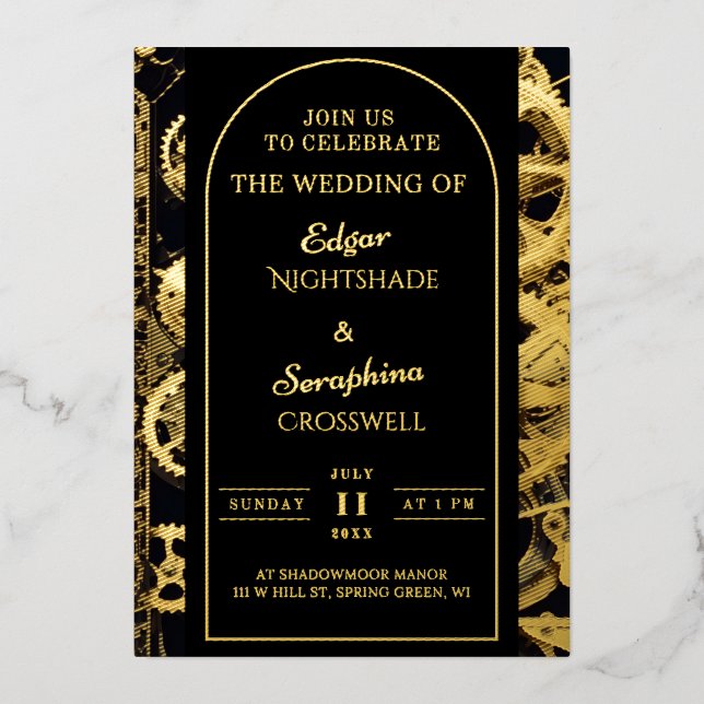 Steampunk Extravaganza Vintag Clockwork Wedding Folieneinladung (Vorderseite)