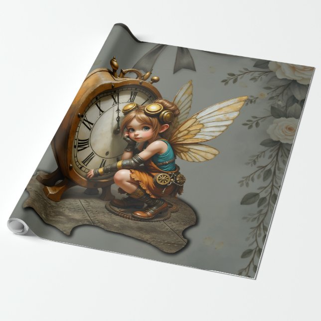 Steampunk Fairy mit Golden Wings & Antique Clock Geschenkpapier (Ungerollt)