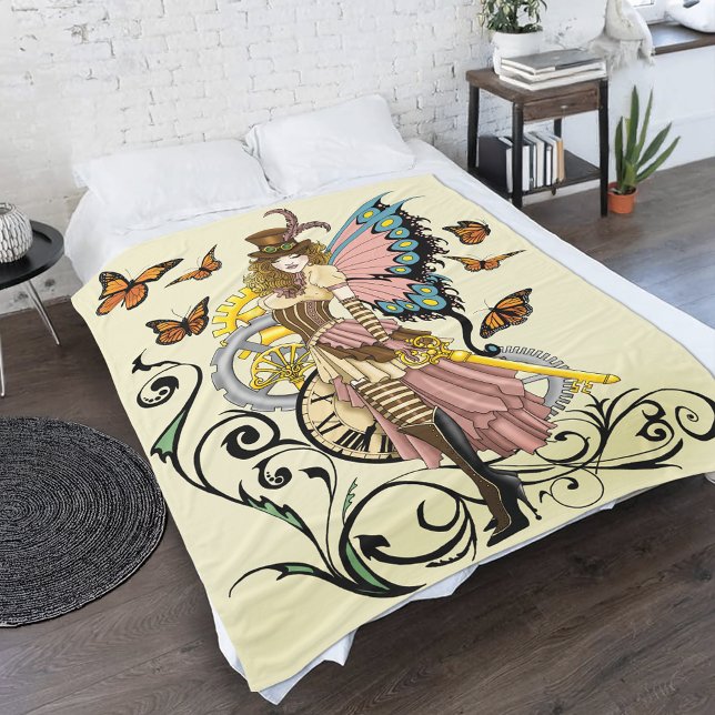 Steampunk Fairy Yellow Clock Gears Fleecedecke (Von Creator hochgeladen)