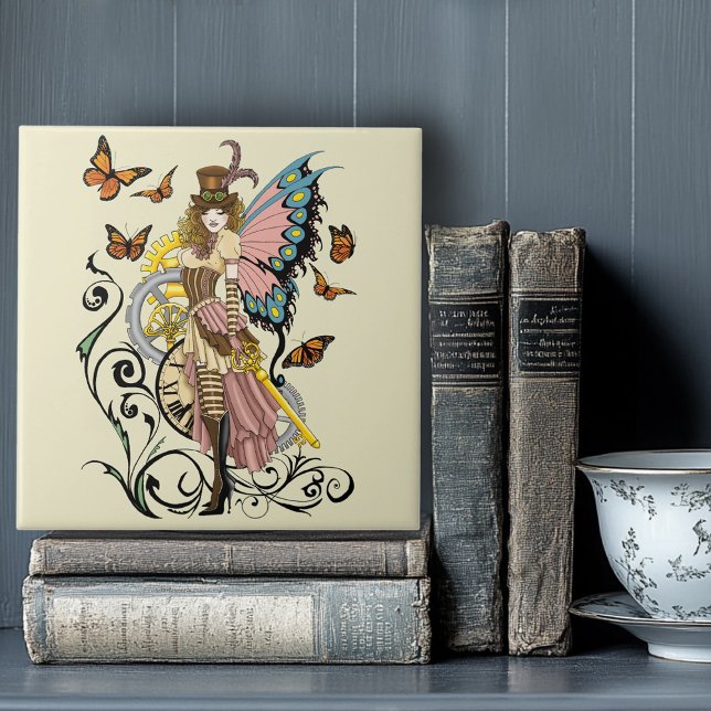 Steampunk Fairy Yellow Clock Gears Fliese (Von Creator hochgeladen)