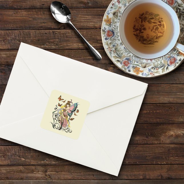 Steampunk Fairy Yellow Clock Gears Quadratischer Aufkleber (Von Creator hochgeladen)