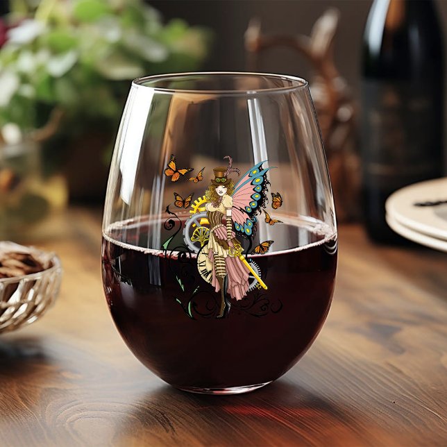 Steampunk Fairy Yellow Clock Gears Weinglas Ohne Stiel (Von Creator hochgeladen)