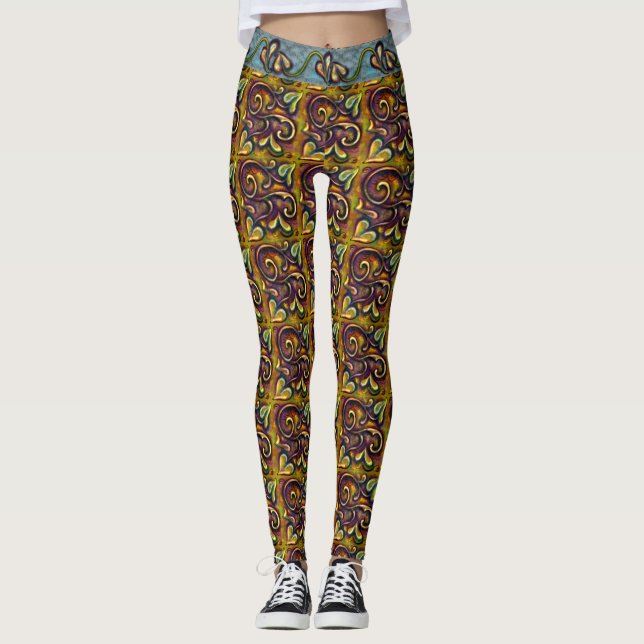 Steampunk Fairytale Gilded Brass Leafy Wein Printw Leggings (Vorderseite)