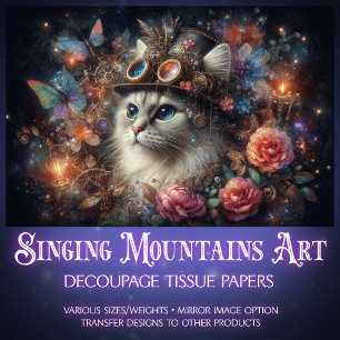 Steampunk Fantasy Katze Schmetterlinge Decoupage Seidenpapier