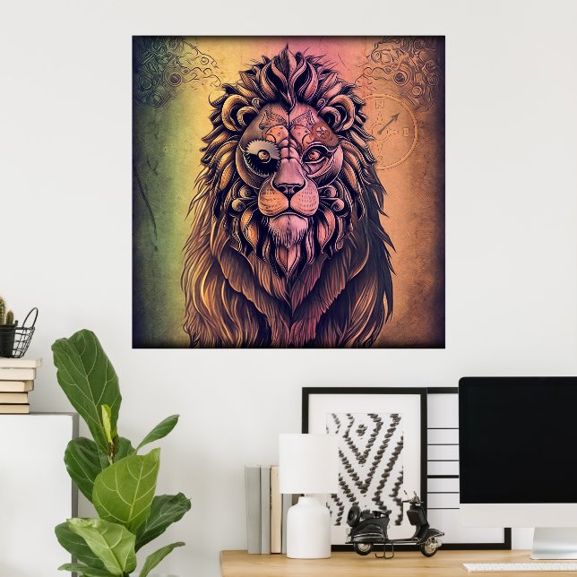 Steampunk-Farbenverlauf-rüstiger Löwe Poster (Heimbüro)