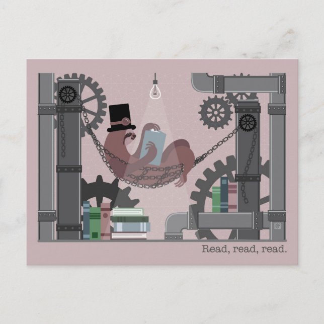 Steampunk-Faultier beim Lesen von Postkarten (Vorderseite)