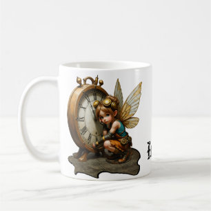 Steampunk-Fee mit goldenen Flügeln und antiker Uhr Kaffeetasse