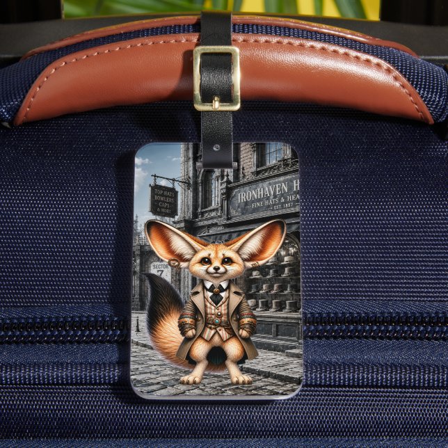 Steampunk Fennec Fuchs Gentleman im Hutladen Gepäckanhänger (Vorderseite Insitu 2)