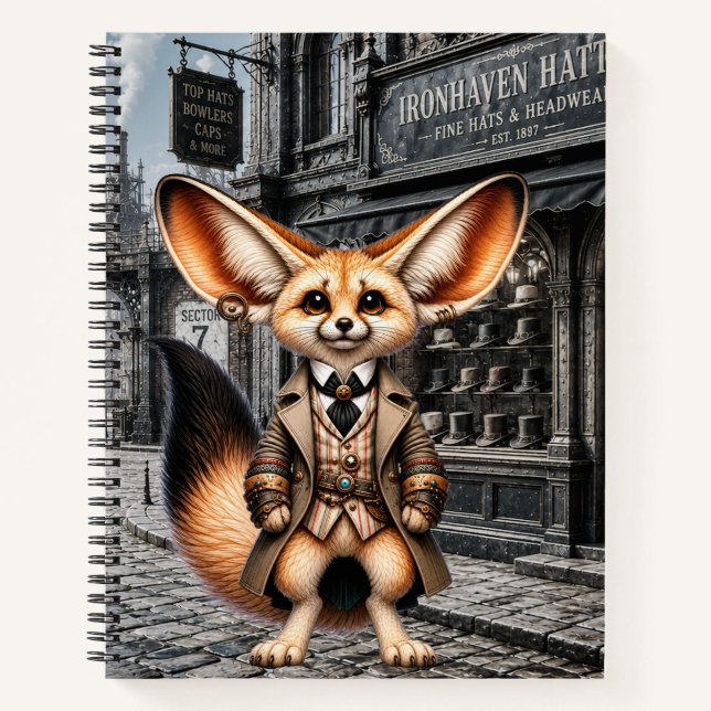 Steampunk-Fennec-Fuchs-Gentleman im Hutladen Notizbuch (Vorderseite)