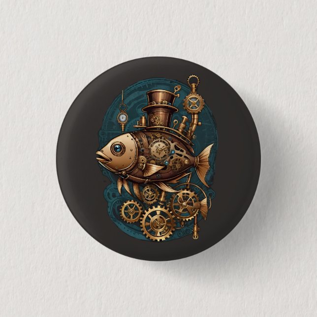 Steampunk Fish Vintag Retro Style Button (Vorderseite)