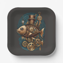 Steampunk Fish Vintag Retro Style Pappteller