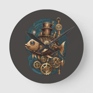 Steampunk Fish Vintag Retro Style Runde Wanduhr