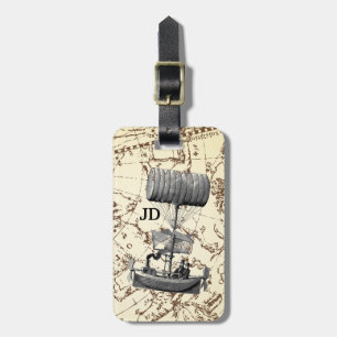 Steampunk Flying Boat auf Zodiac Map mit Initialen Gepäckanhänger