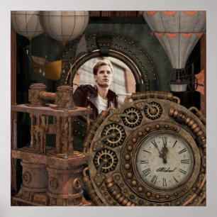 Steampunk-Foto-Rahmen für die industrielle Uhrenve Poster