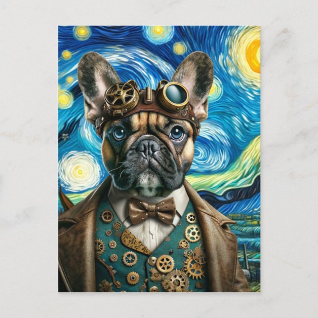 Steampunk French Bulldog in der Sternennacht Postkarte (Vorderseite)