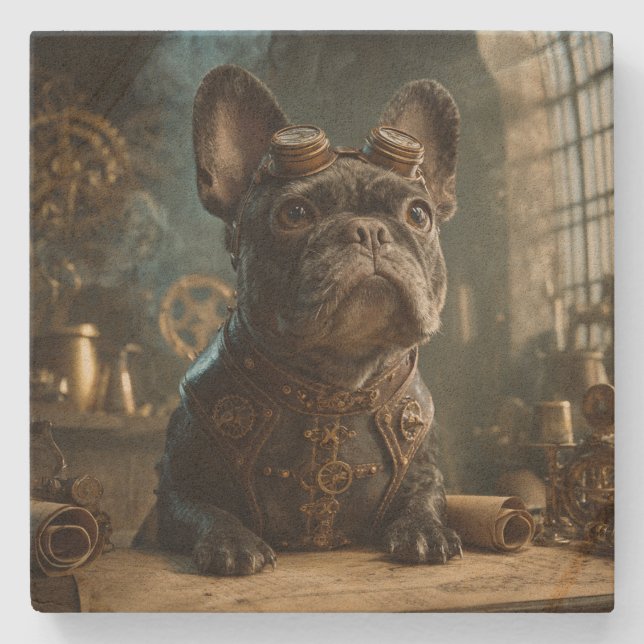 Steampunk Frenchie (Edition 1) - SandStone Coaster Steinuntersetzer (Vorderseite)