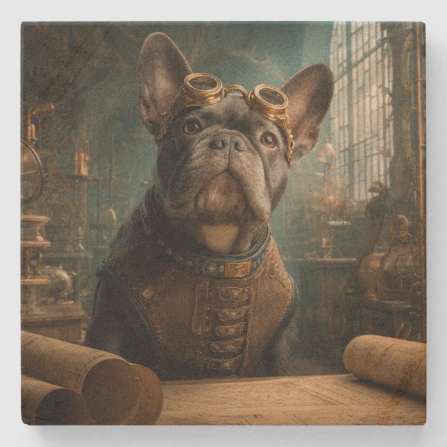 Steampunk Frenchie (Edition 2) - SandStone Unterse Steinuntersetzer (Vorderseite)