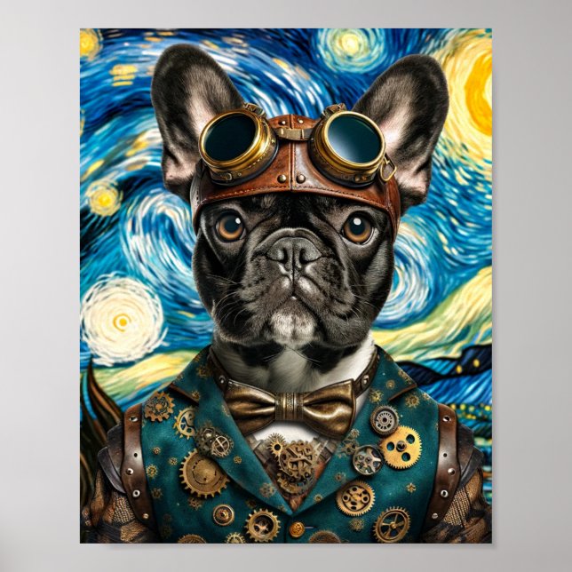Steampunk Frenchie in der Sternennacht Poster (Vorne)