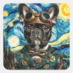 Steampunk Frenchie in der Sternennacht Quadratischer Aufkleber
