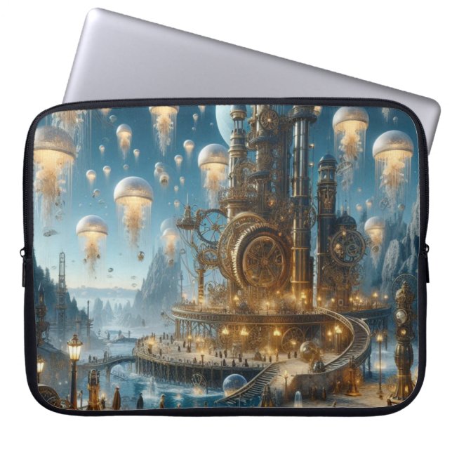 Steampunk Futuristic Ancient City mit Qualle Laptopschutzhülle (Vorderseite)