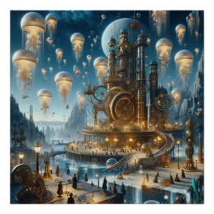 Steampunk Futuristic Ancient City mit Qualle Poster