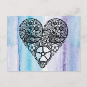 Steampunk Gear Valentine Heart Watercolor Wedding Feiertagspostkarte