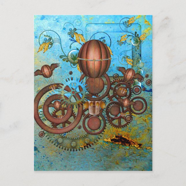 Steampunk Gears Collage Aqua Kupfer Postkarte (Vorderseite)