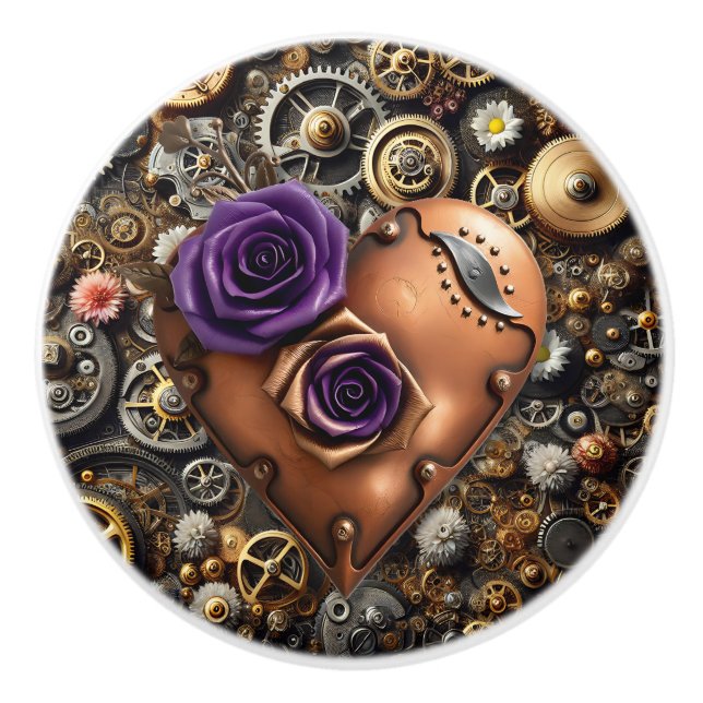 Steampunk Gears, Flowers and Copper Heart Keramikknauf (Vorderseite)
