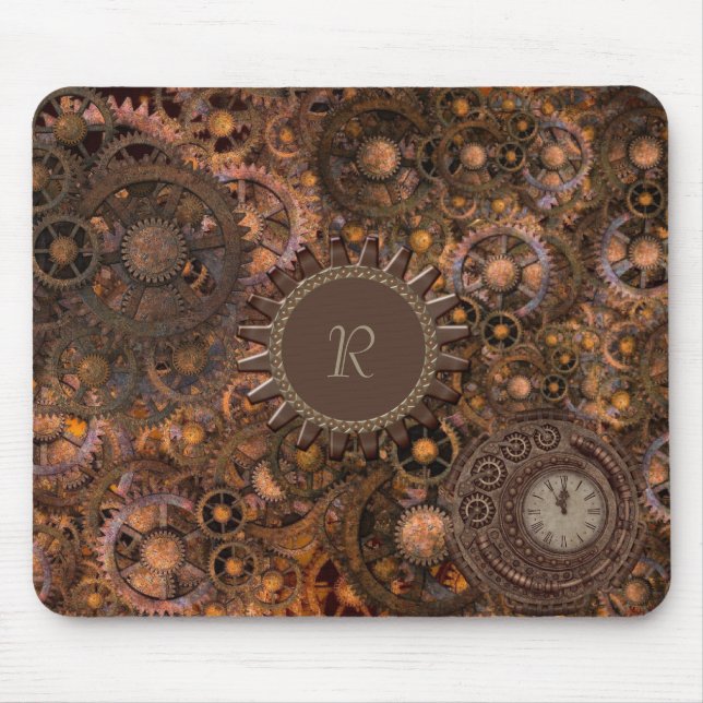 Steampunk Gears Mit Monogramm Mousepad (Vorne)