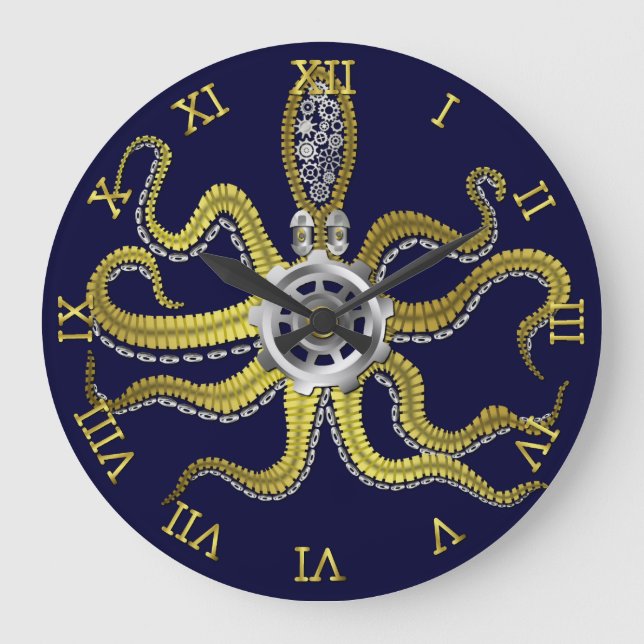 Steampunk Gears Octopus Kraken Nautical Gold Blue Große Wanduhr (Vorderseite)