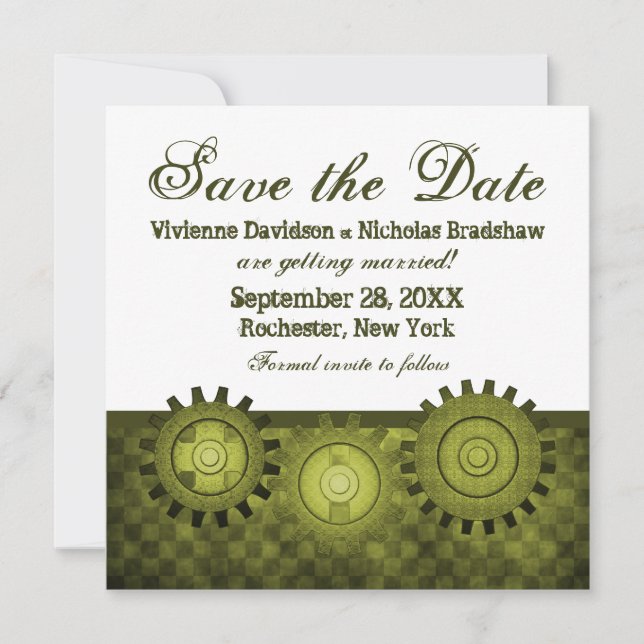 Steampunk Gears Save the Date einladen, grün Einladung (Vorderseite)