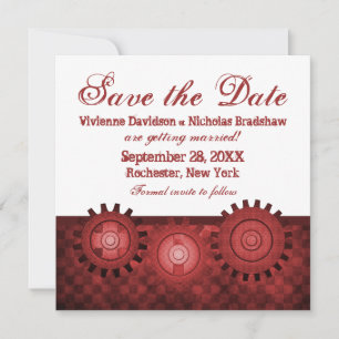 Steampunk Gears Save the Date einladen, Red Einladung