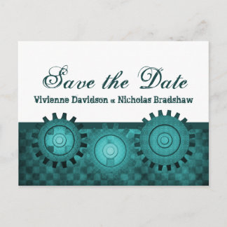 Steampunk Gears Save the Date Postcard, Aquamarin Ankündigungspostkarte