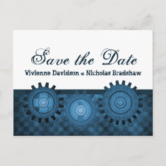 Steampunk Gears Save the Date Postcard, blau Ankündigungspostkarte