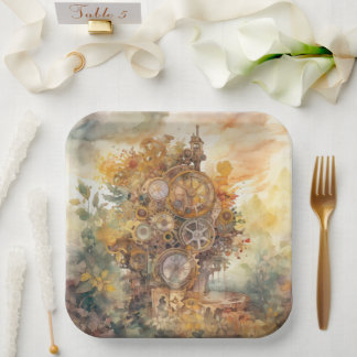Steampunk Gears Tower Paper Plate Pappteller