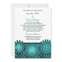 Steampunk Gears Wedding Invite, Aquamarin