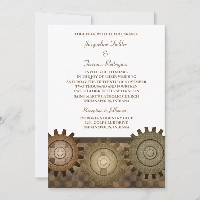 Steampunk Gears Wedding Invite, Brown Einladung (Vorderseite)