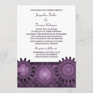 Steampunk Gears Wedding Invite, Lila Einladung
