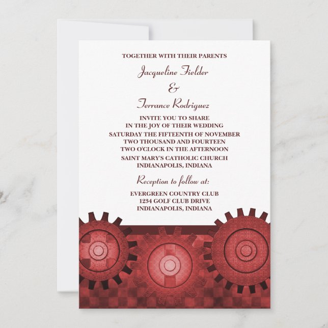 Steampunk Gears Wedding Invite, Red Einladung (Vorderseite)