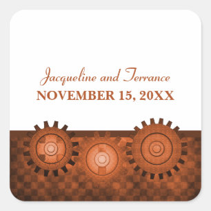 Steampunk Gears Wedding Stickers, Orange Quadratischer Aufkleber