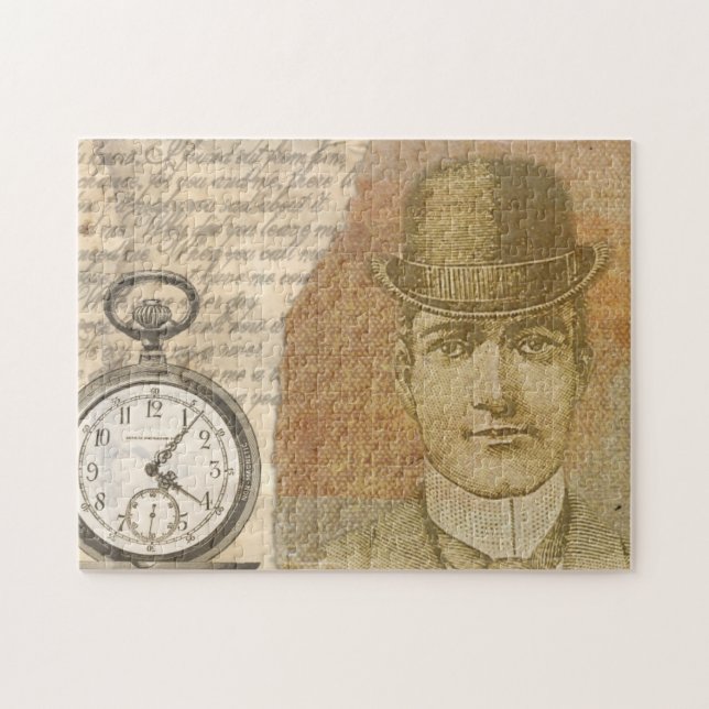 Steampunk Gentleman Pocket Watch Bowler Hat Puzzle (Horizontal)