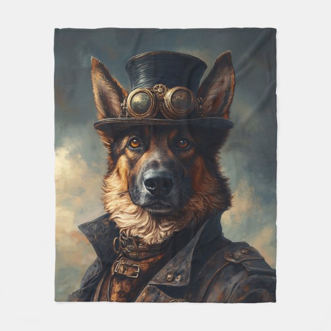 Steampunk German Shepherd Dog in Top Hat Fleecedecke (Vorderseite)