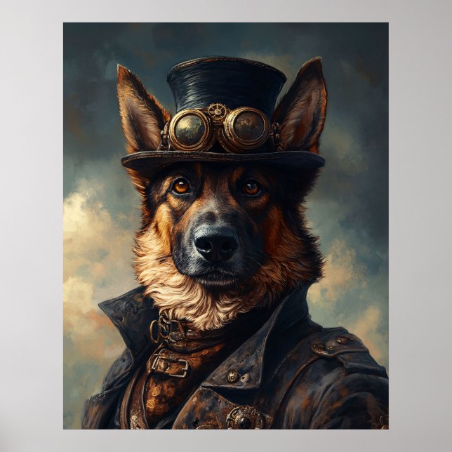 Steampunk German Shepherd Dog in Top Hat Poster (Vorne)