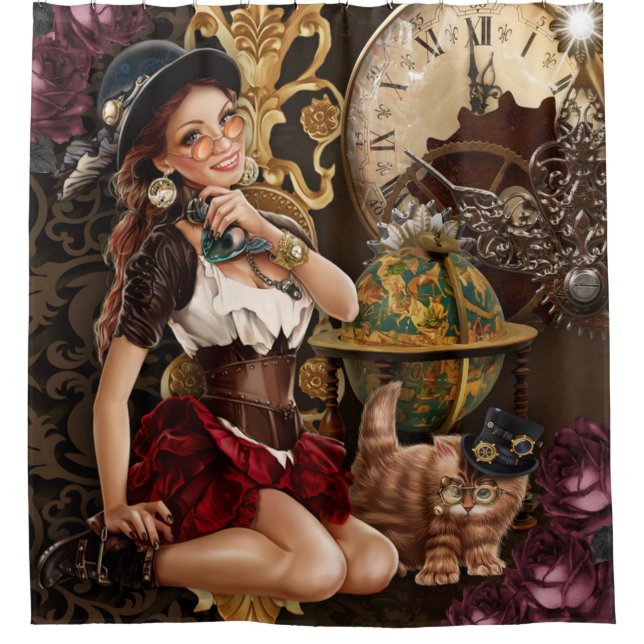 Steampunk Girl Clock und Cat  Duschvorhang (Vorderseite)