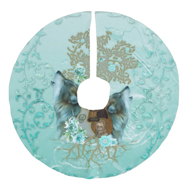 Steampunk-Gitarre mit Wölfen Leinenimitat Weihnachtsbaumdecke (Vorderseite)