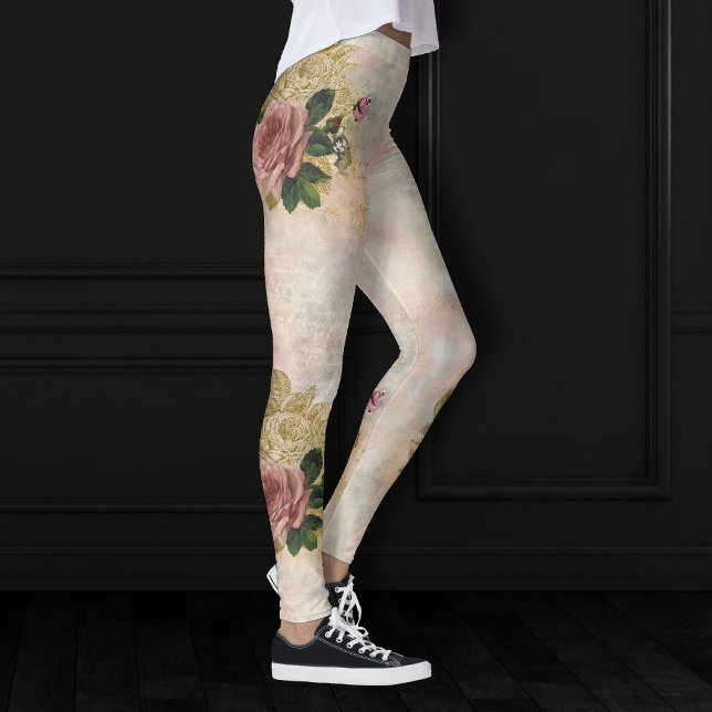 Steampunk Glam | Rosa und goldene Rose Rustikale F Leggings (Von Creator hochgeladen)