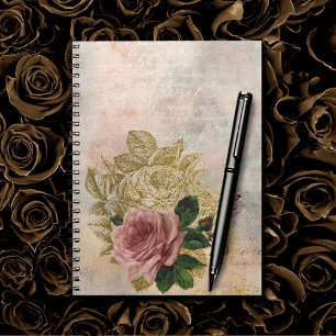 Steampunk Glam   Rosa und goldene Rose Rustikale F Notizblock