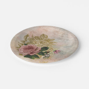 Steampunk Glam   Rosa und goldene Rose Rustikale F Pappteller