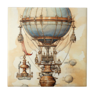 Steampunk-Globus Luftschiff Blaupause Blau Messing Fliese